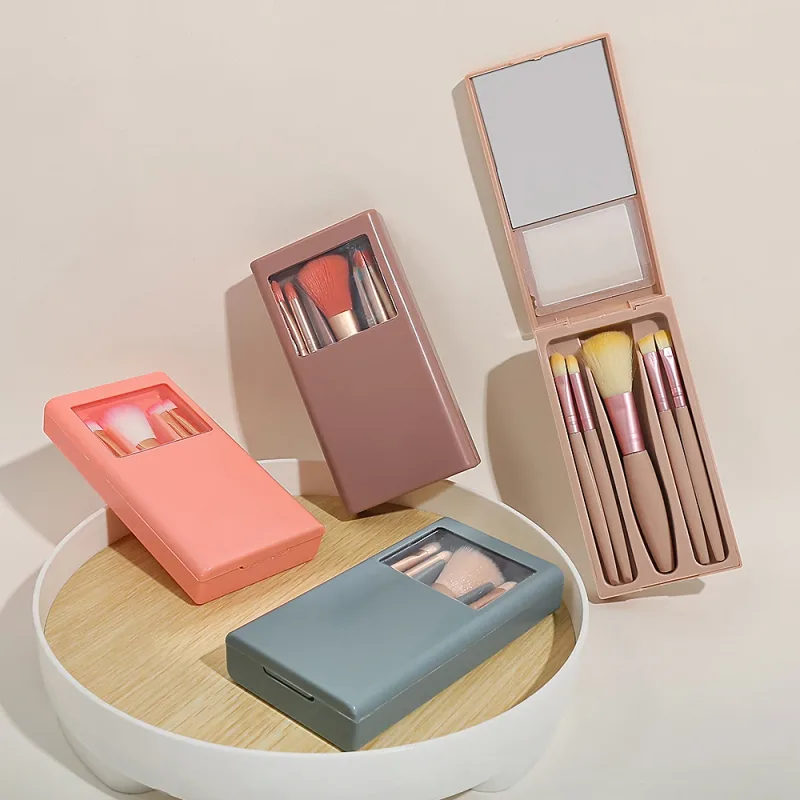 Bærbart mini makeup børste sæt med spejl etui 5 stk rejse makeup børster til foundation øjenskygge concealer — image 3