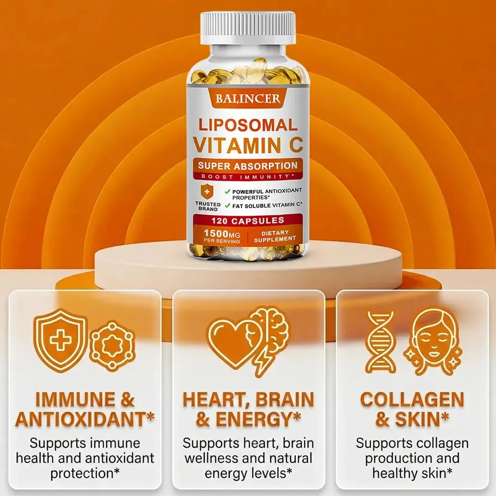 Vitamina C lipossomal 1500 mg de alta absorção, ácido ascórbico solúvel em gordura, suporte imunológico, reforço de colágeno e suplemento antioxidante