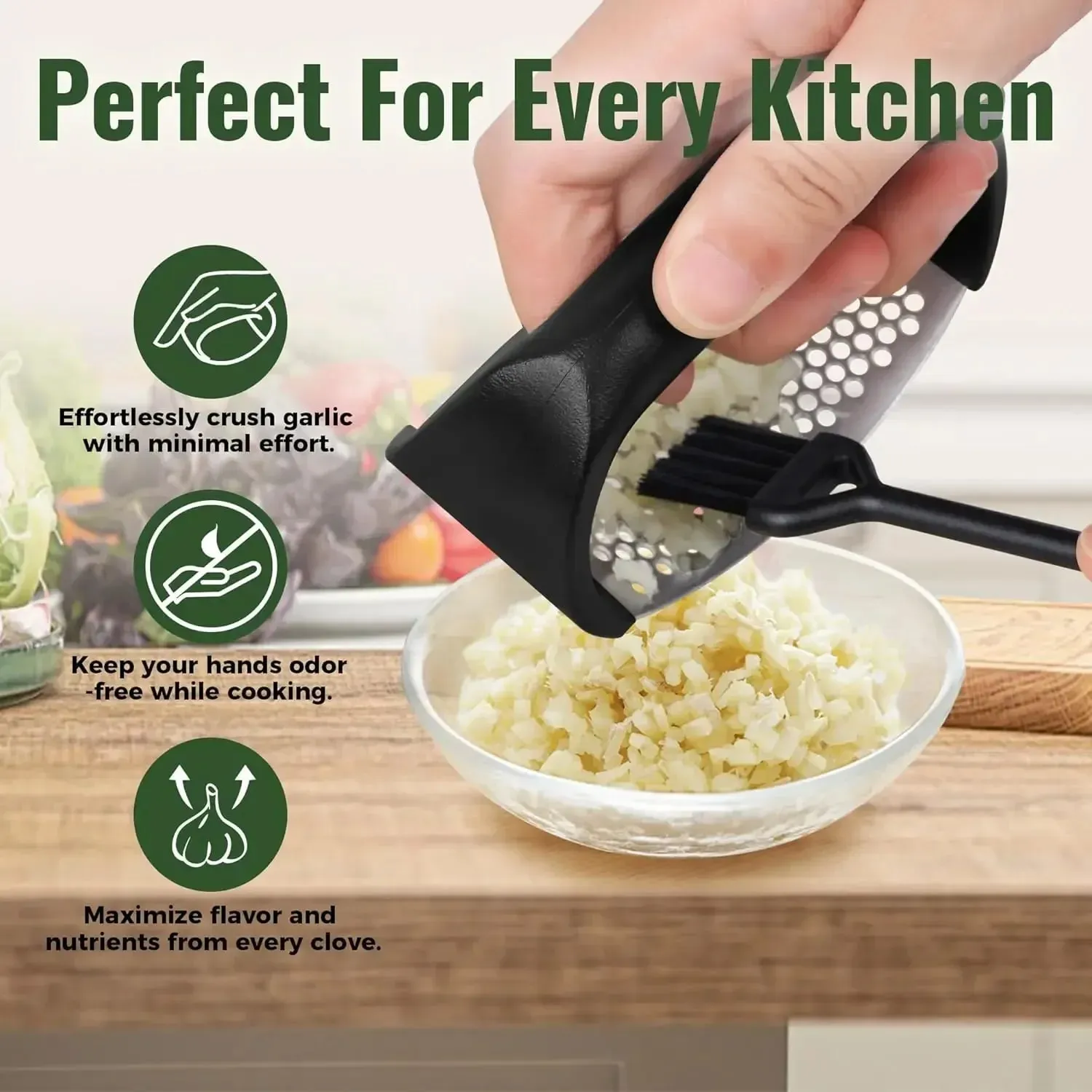 Stainless Steel Garlic Press Rocker Garlic Mincer Garlic Crusher Easy-Squeeze Tool with Peeler and Cleaning Brush for Smashing — image 3