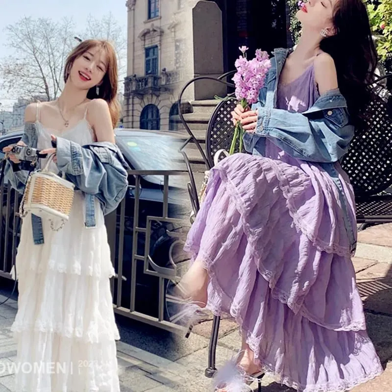 Summer Befree Long Vintage Casual Ruffles Elegant Maxi Strap Camis Silky Beach Lace Elegant Party Dress Vestidos Sexy Women — image 1