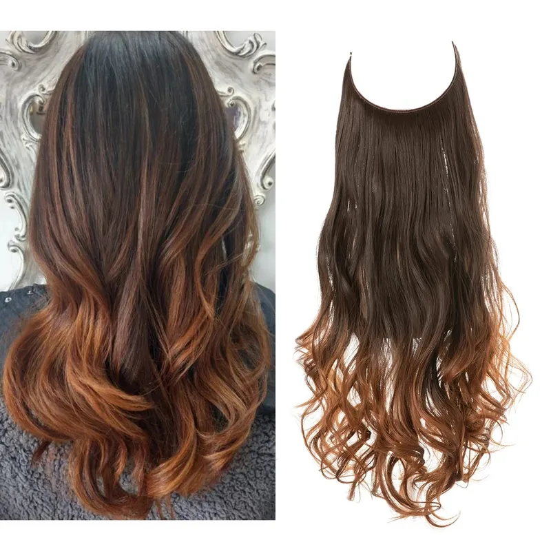 Synthetic No Clip Wave Hair Extensions Ombre Natural Blonde One Piece False Hairpiece Fish Line Fake Hair Piece