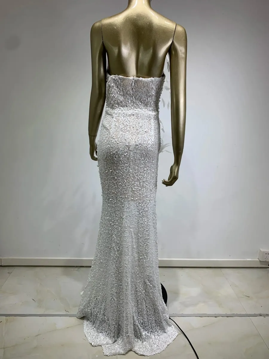 Luxury Sexy Strapless Feather Sequins White Pearl Maxi Long Women Gowns Dress 2024 Elegant Party Evening Stage Performance Dress — image 4