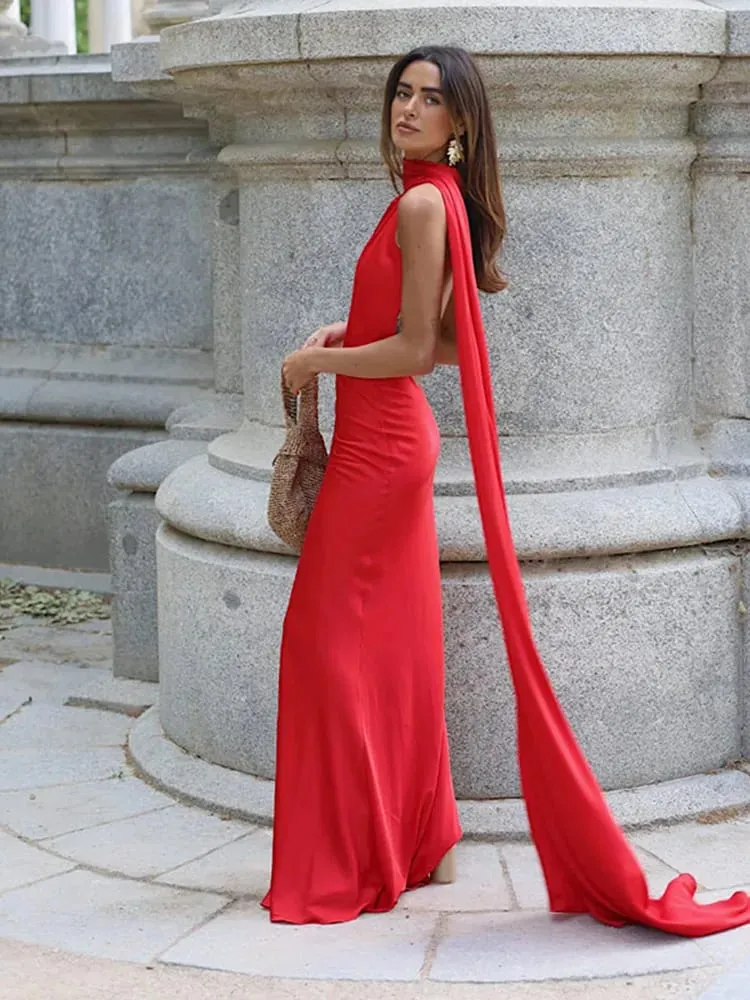 Ribbon Hanging Neck Long Dresses Women Printed Sleeveless Backless Slim High Waist Halter Party Dress 2025 New Hip Package Robe