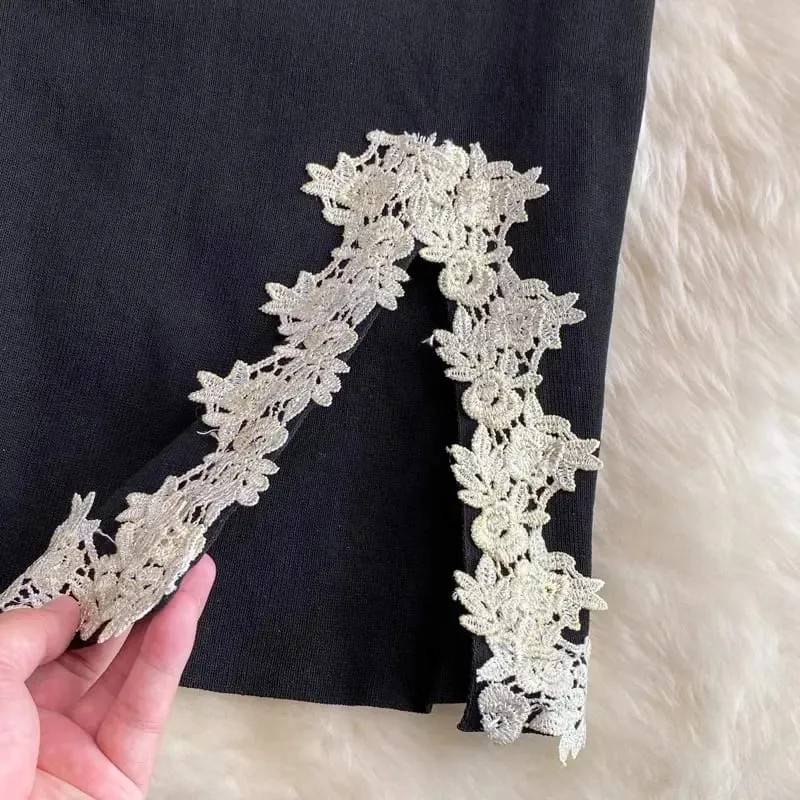 2024 Sexy Backless Lace Patchwork Knitted Split Summer Dress Women Black Mini Party Dress Bodycon Sheath night Club Outfits — image 4