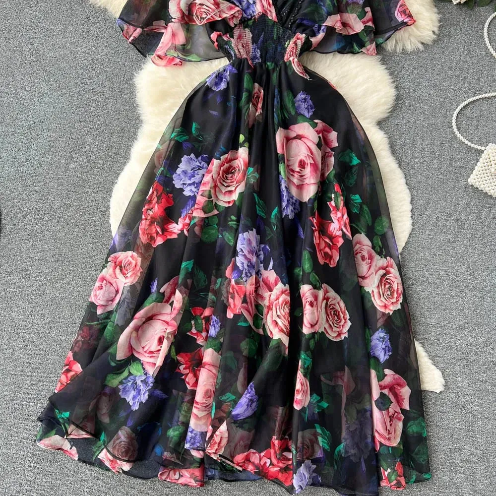 Retro Print Elegant Ruffle Short Sleeve V Neck Dress A-line Casual High Waist Women Summer Dresses — image 4