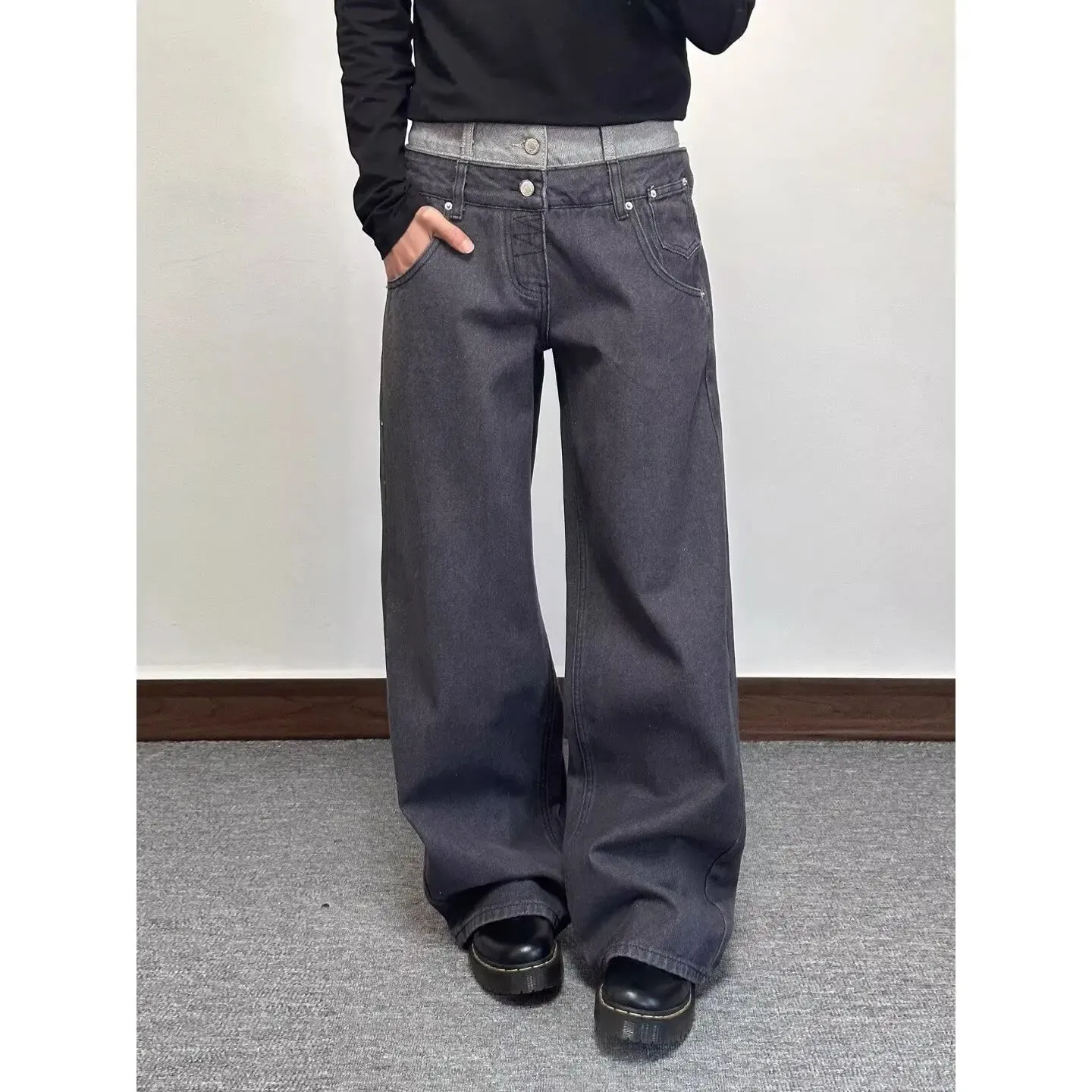 Mænds jeans Herrebukser Løs pasform Sort brede ben High Street Denim Afslappet Lige afslappet forår Slouchy bukser
