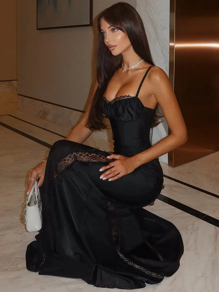Mozision 스파게티 스트랩 백리스 섹시한 맥시 드레스 여성 가운 레이스 패치 워크 쉬어 민소매 Bodycon 클럽 파티 롱 드레스