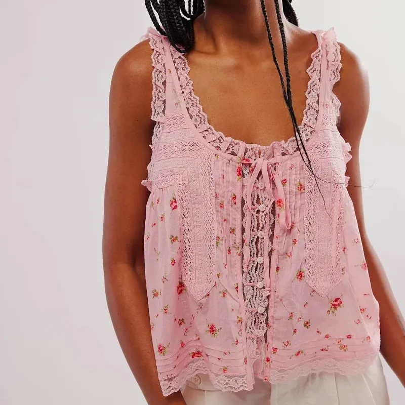 Y2K Button-up Lace Trim Patchwork Cami Tops Loose Fit Round Neck Vest Sleeveless Outwear Gilet Crop Tank Tops for Women — image 2