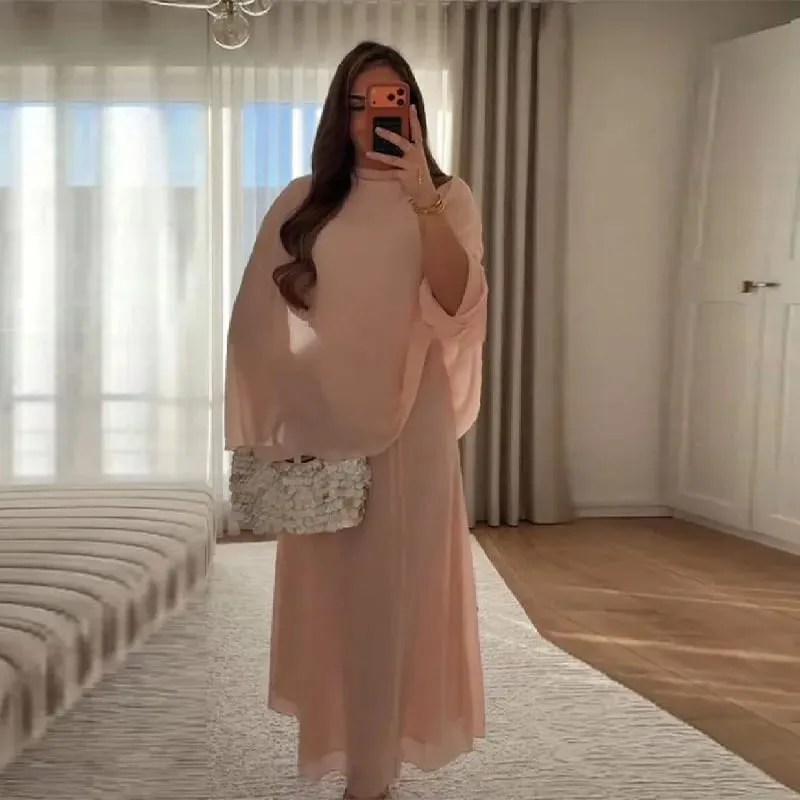 Minimalista rózsaszín sifon álló gallérú ruhák női divatos vékony szabású réteges kendő ujjú Vestido nyári tengerparti vakáció napi ruha