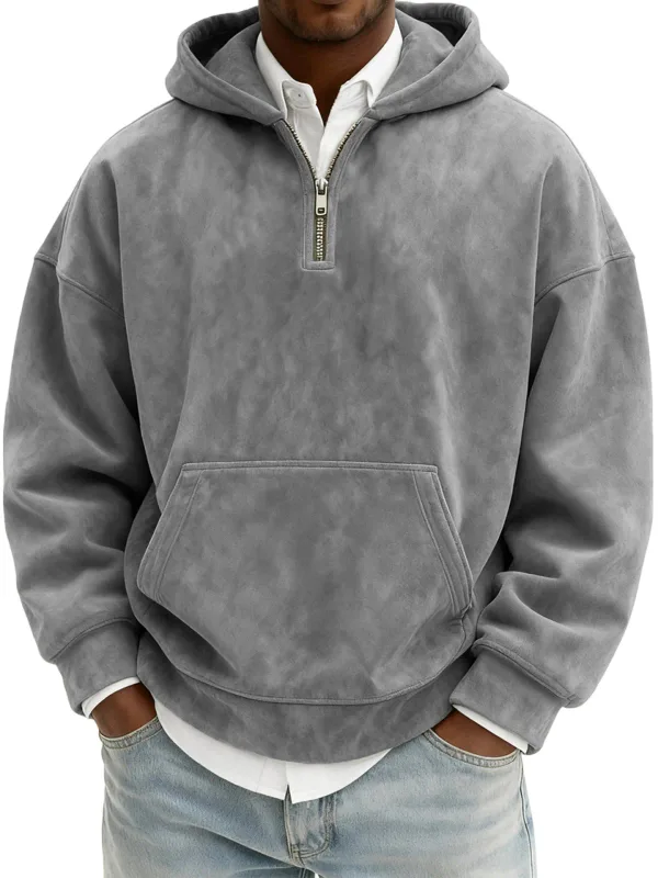 Amerika Fashion Baru Pria Warna Solid Setengah Ritsleting Lengan Panjang Kasual Trendi Harian Berkerudung Kaus Pria Hoodies Pakaian Atasan