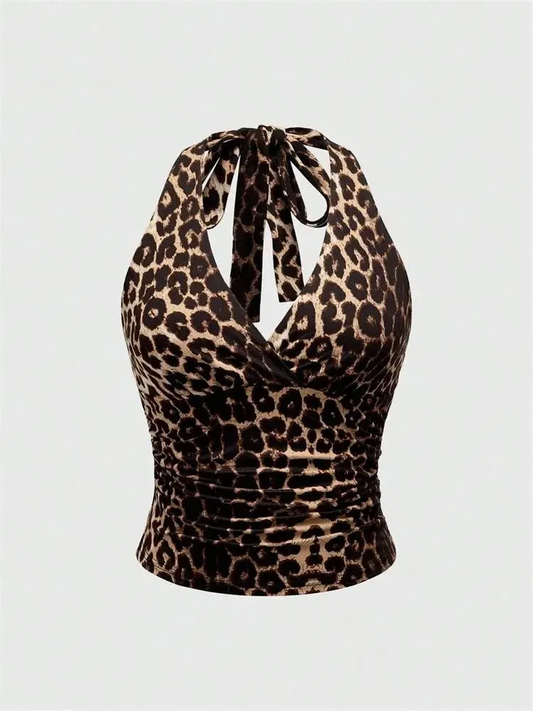 Leopard Printed V-neck Backless Halter Crop Top for Women Summer Sexy Y2K Sleeveless Ruched Top Streetwear — image 7