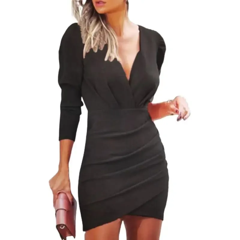 2024 burst waist show thin solid color v-neck long sleeve tight skirt folk wind nightclub dress woman — image 2