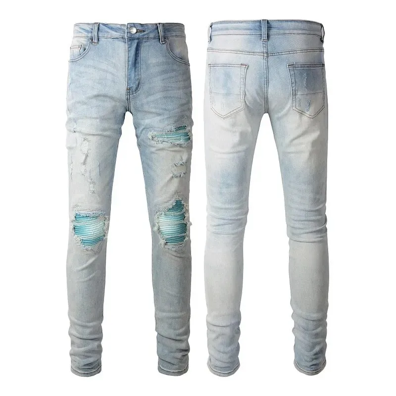 Hole Pencil Pants Men Washed Distressed Patchwork Jeans Low Waist 2024 Vintage Basics Ankle Length Trousers Skinny Denims