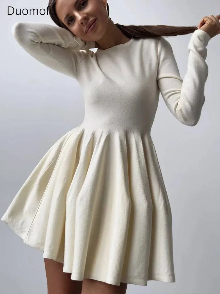 Duomofu dzianinowe Mini sukienki damskie jesienno-zimowa sweter z długim rękawem sukienka damska elegancka moda wąska linia plisowana sukienka Vestido