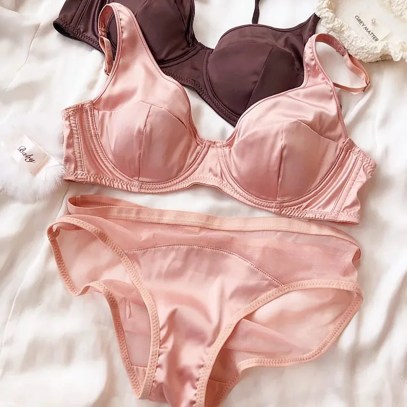Ensemble de soutien-gorge Push Up en soie glacée pour femmes, sous-vêtement confortable, Sexy, petite poitrine, rembourrage détachable, bonnet fin, brassière, culotte intime — image 10
