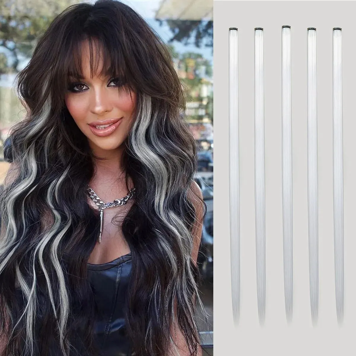 Synthetic 5PC Colored Hair Extensions 22Inch Straight Clip in Christmas Extension Rainbow Party Highlights Hairpiece for Girls