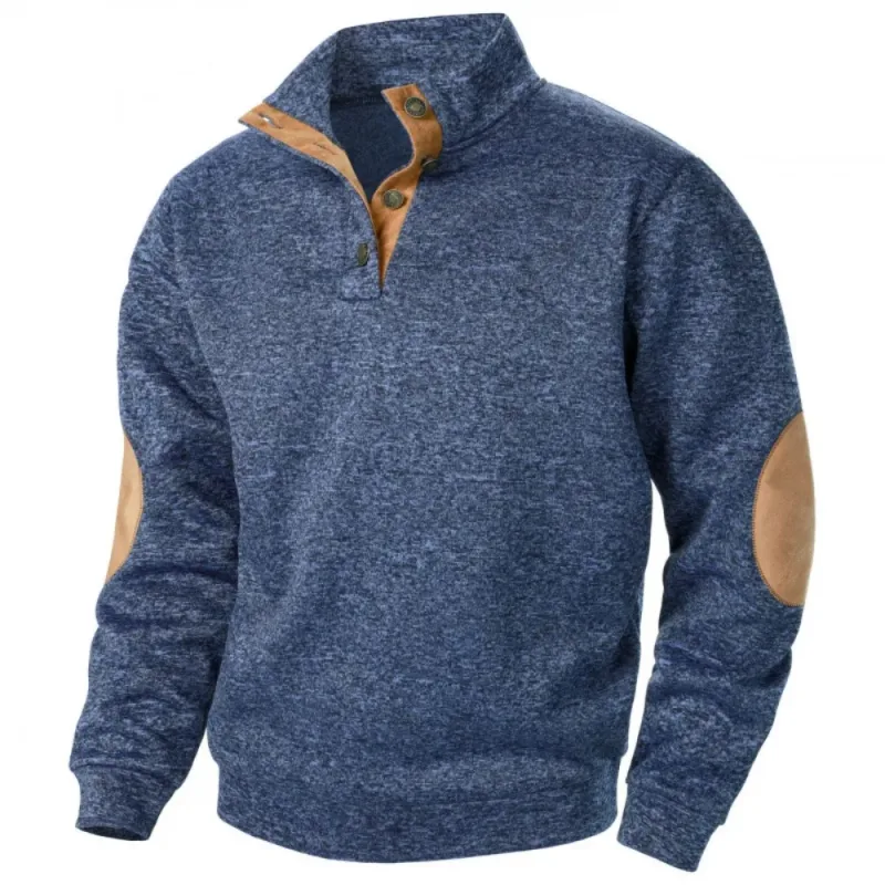Men's Autumn Sweatshirt Patchwork Contrast Color Hoodies Stand Collar Men Botton Down Vintage Pullovers — image 2