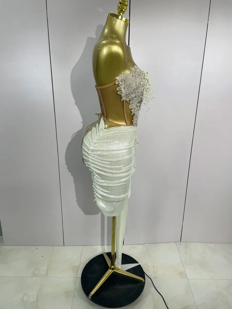 Luxury Shining Pearls Sexy Asymmetrical Skirt 2 PCS Set 2025 Women Evening Birthday Party Stage Dancer Performance Costume — image 4