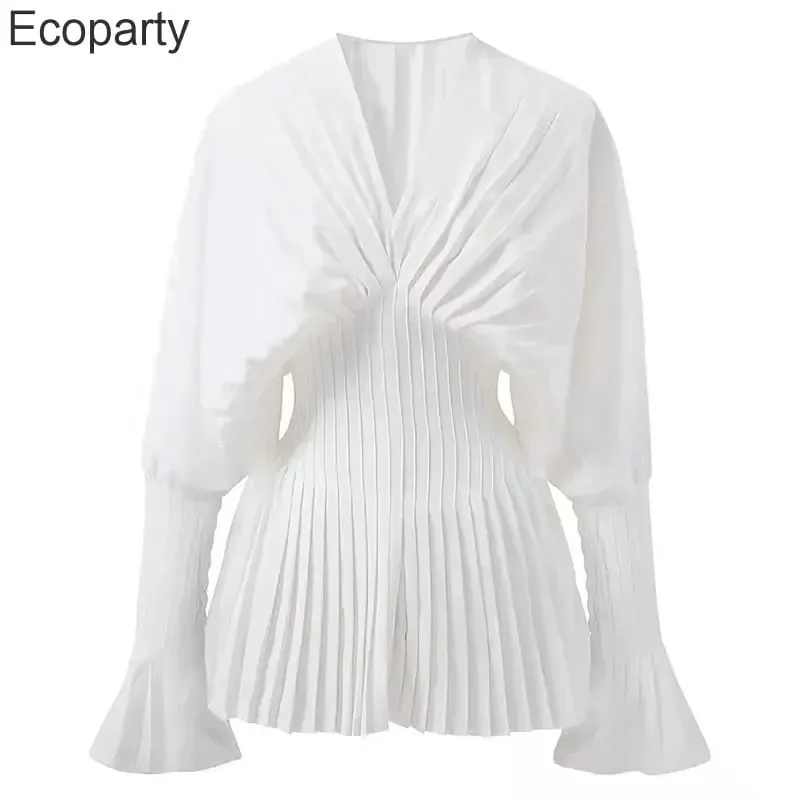 Women Loose White V-Neck Pleated Shirts Elegant Casual Chiffon Shirt Ladies Lantern Full Sleeve Tops Blouses 2024