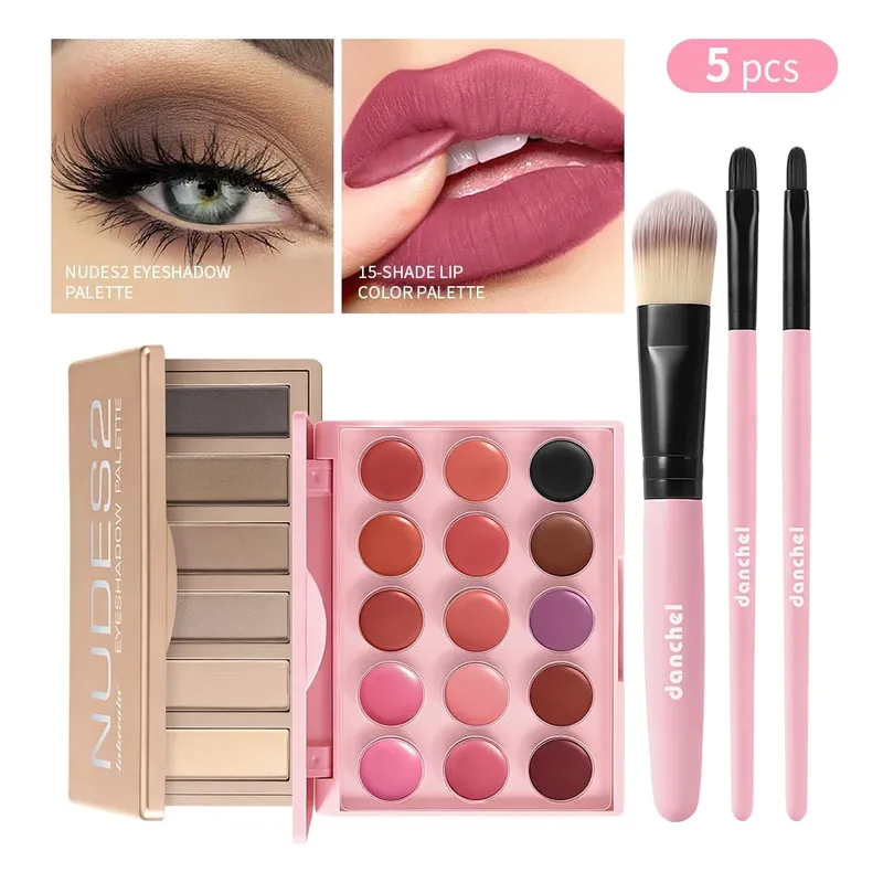 5Pcs Beginner Full Face All In One Makeup Set Lipstick Palette Eyeshadow Palette 3Pcs Makeup Brushes Face Cosmetic Kit — image 6