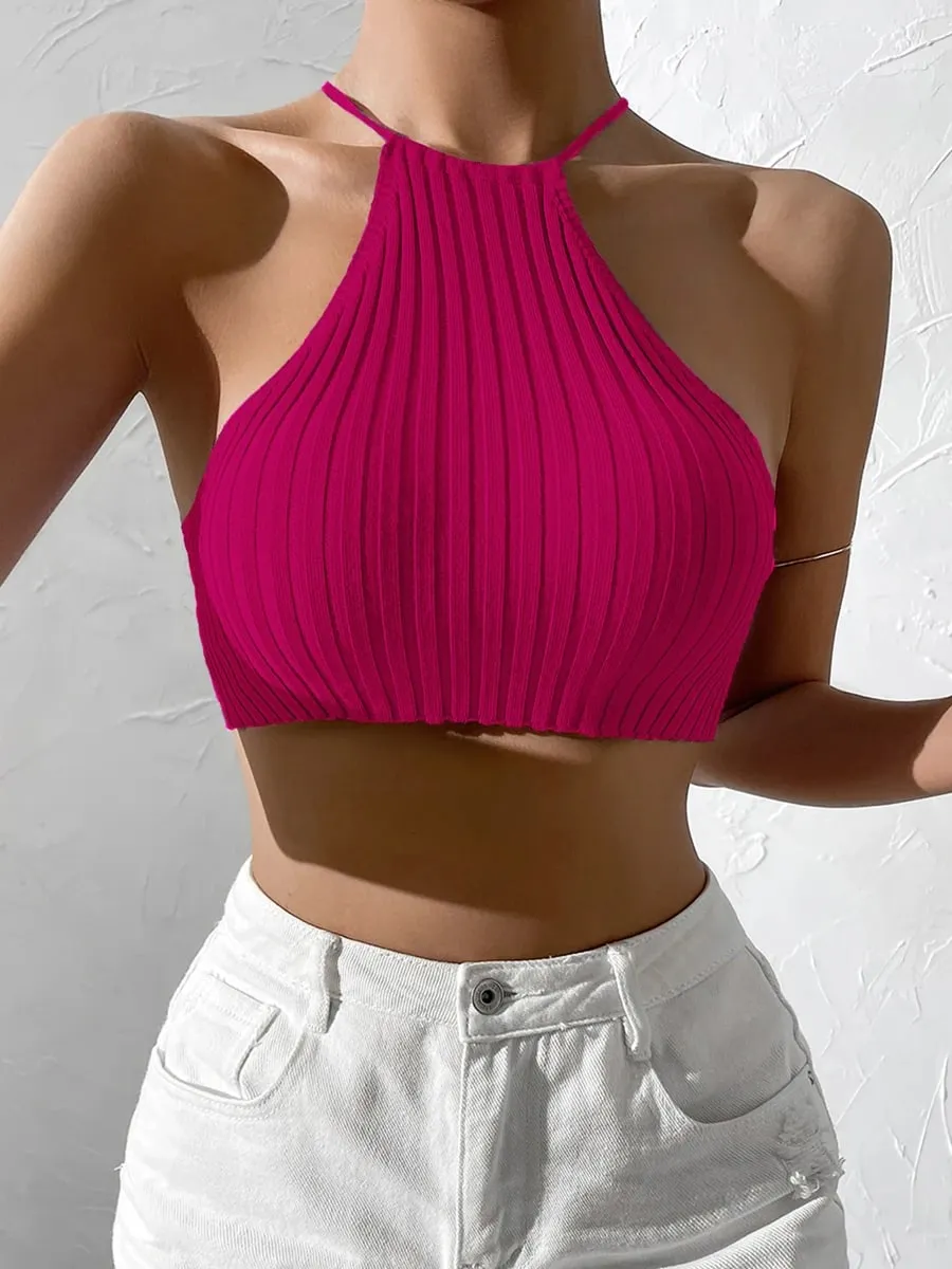 Womwen Summer Tie Backless Crop Halter Knit Top Crossfit Y2K Crop Top Clothes Femme Sexy Casual Drawstring Cropped Beach Tank