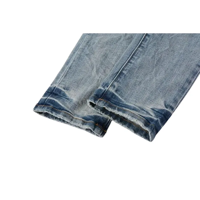 Vaqueros clásicos ajustados y cónicos para hombre, estilo vintage azul claro con lavado degradado, bragueta con botones, estilo High Street