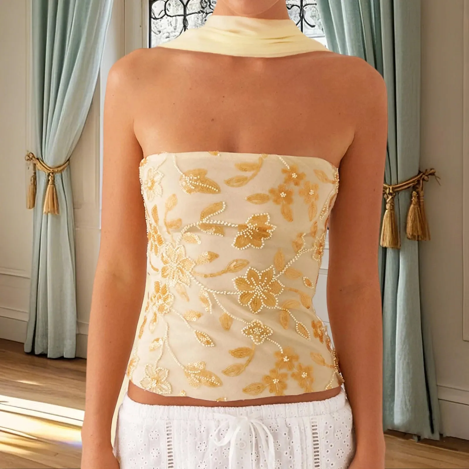Women Summer Sexy y2k Sequins Sparkle Crop Tops Sleeveless Backless Beaded Pearl Embellished Slim Cami Tanks Tops with Scarf — image 15