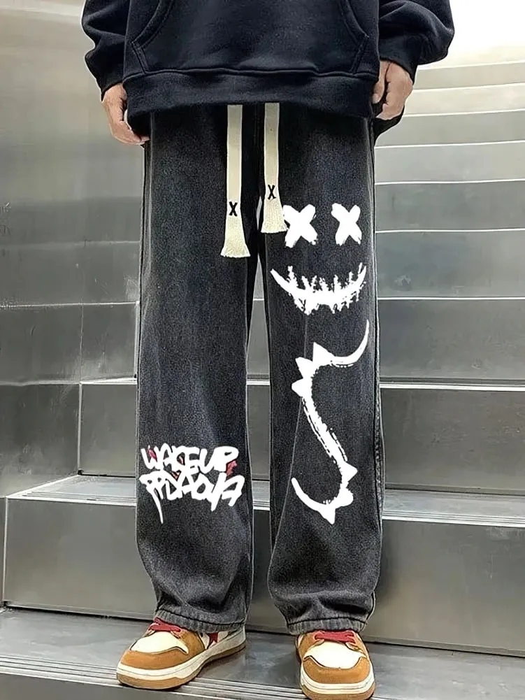 Printed Black Baggy Jeans Pants Men Straight Oversize Graphic Casual Wide Leg Denim Long Trousers Korean Drawstring Sweatpants — image 4