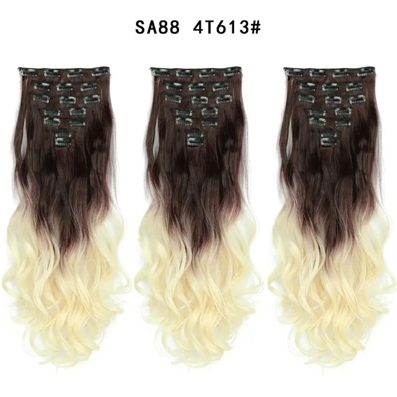 Clip in Long Wavy Synthetic Hair Extension 22 Inch Black 7PCS Thick Hairpieces Fiber Double Weft Hair for Women