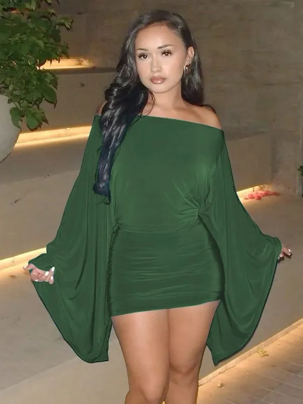 Hugcitar Pepejal Lengan Jubah Panjang Seksi Longgar Seksi Ruched Bodycon Seksi Mini Dress Musim Gugur Musim Sejuk Wanita Fesyen Pakaian Festival Pesta — image 7