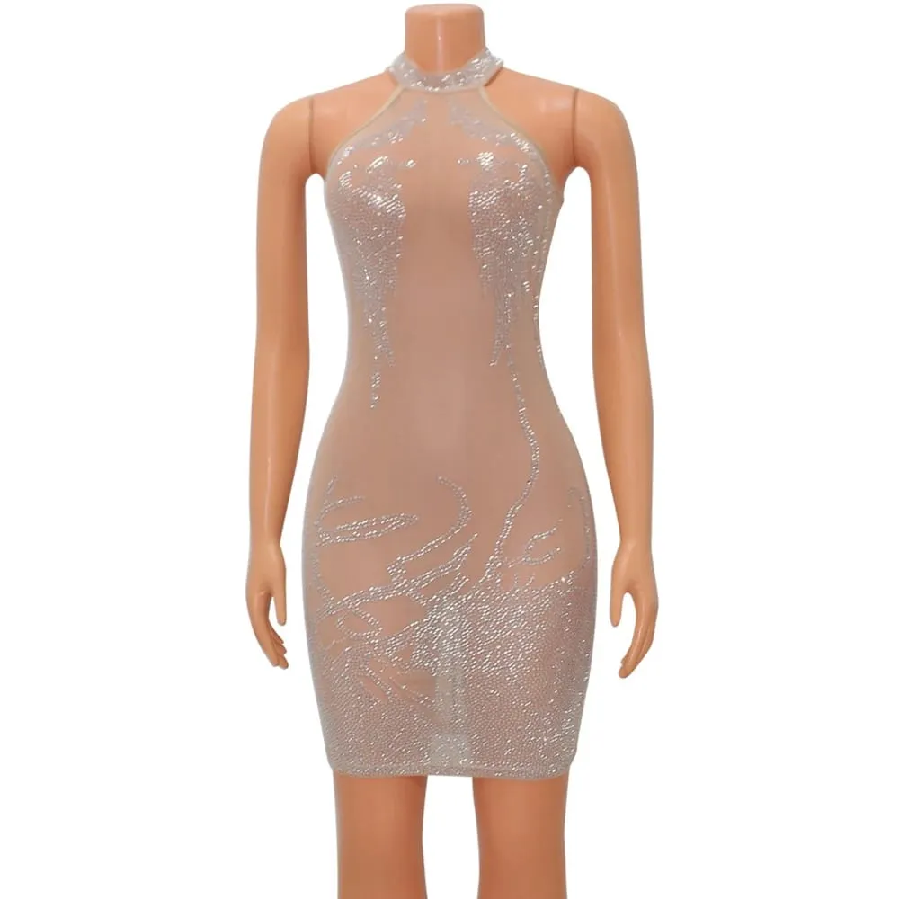 Sexy Mesh Rhinestone Short Prom Evening Mini Dress See Through Outfits Luxury For Women Night Club Party Diamond Bodycon Dresses — image 4