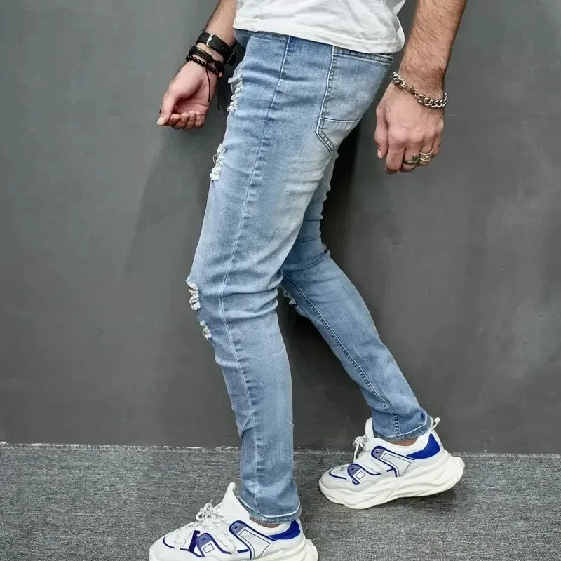 2024 New Style Men's Personalized Ripped Solid Color Skinny Jeans Stretch Little Foot Streetwear Motorcycle Denim Trousers Male