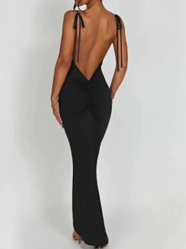 Elegant Deep Open Back Backless Slim Maxi Dress Women Spaghetti Strap Sleeveless Bodycon Long Dress Sexy Club Party Vestidos — image 2