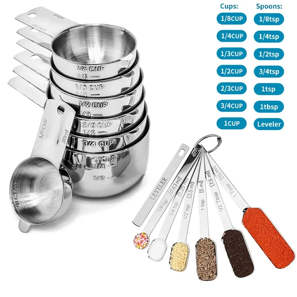 Stainless Steel Measuring Cup and Spoons Set 14PCS with Leveler Dry and Liquid Ingredients Perfect for Cooking & Baking