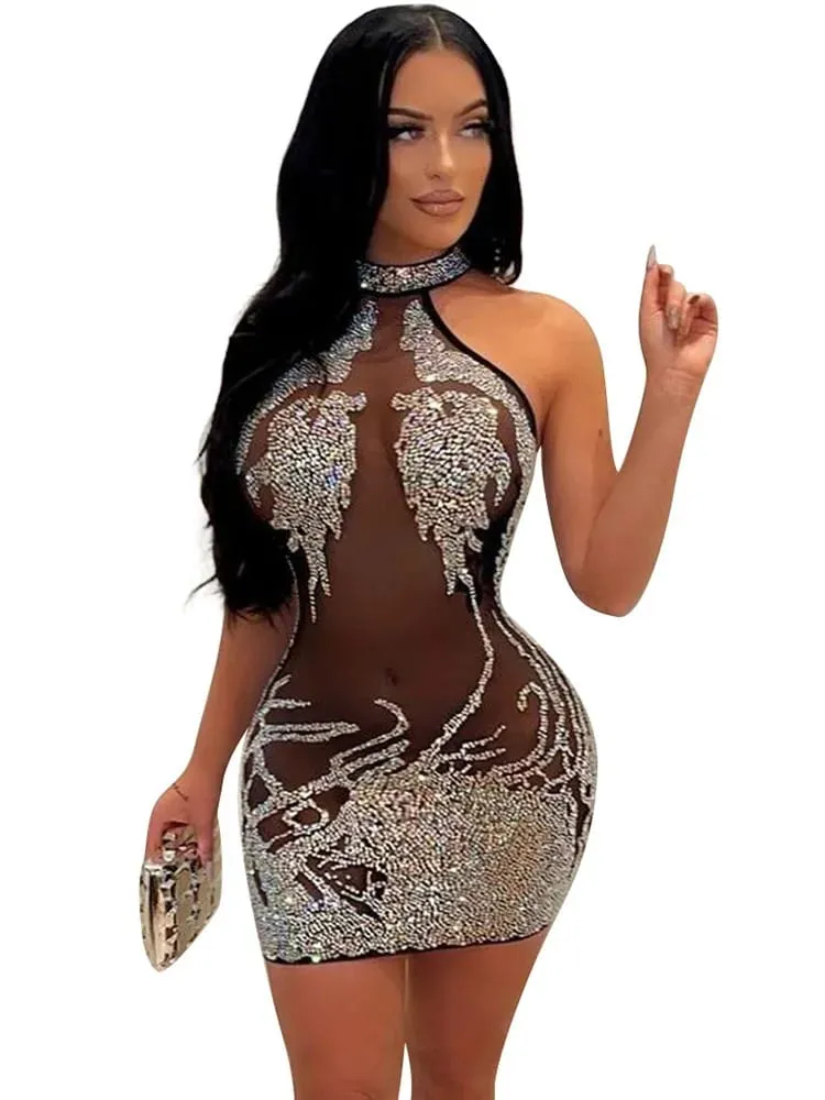 Sexy Mesh Rhinestone Short Prom Evening Mini Dress See Through Outfits Luxury For Women Night Club Party Diamond Bodycon Dresses — image 1