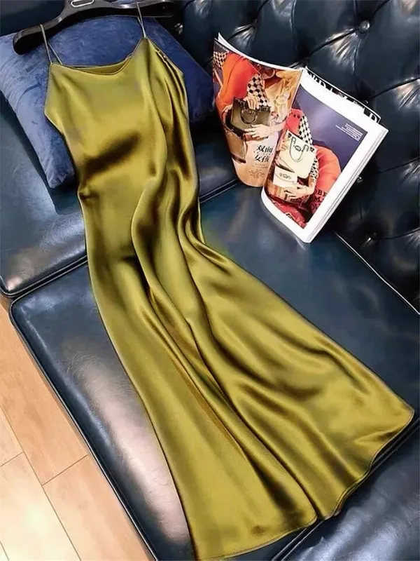 Women Slip Dress Satin Sleeveless V-Neck Solid Silk Elegant Vintage Lady 2026 Summer Female Long Spaghetti Strap Dresses Vestido — image 14