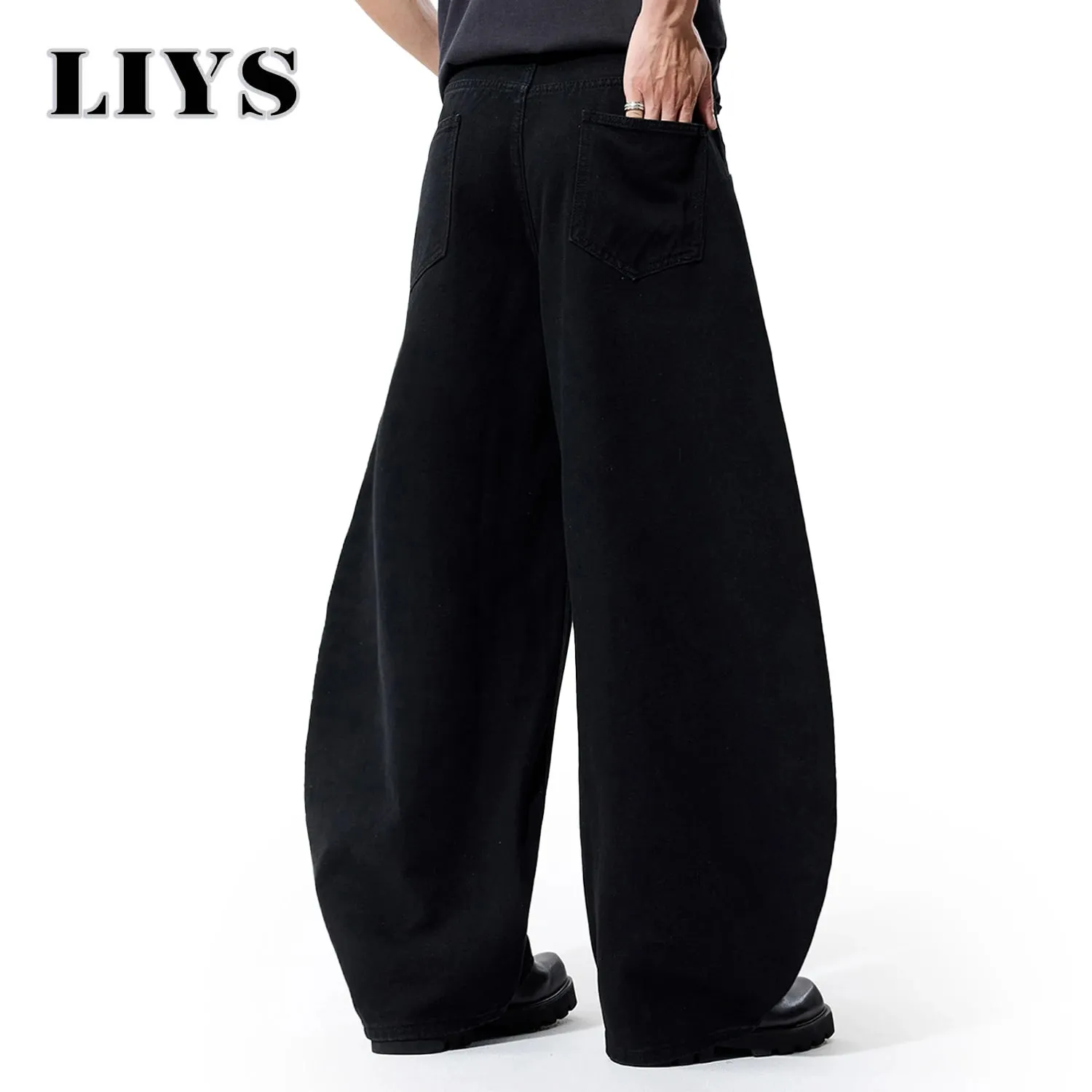 Liys Men's Black Ultra Wide Leg Jeans Baggy Fitting Denim Pants Man Solid Streetwear Daily Casual Fashion Lantern Balloon Jeans — image 6