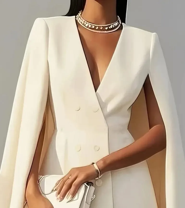 Womens Dresses 2025 Spring Autumn New Commuting Double Breasted Shawl Cape Solid Color V-Neck Mini Dress Women's Clothing — image 4