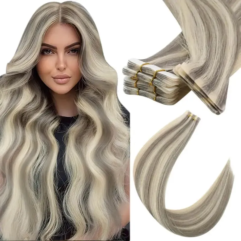 Moresoo Injection Tape Hair Extensions Ash Blonde Highlight Virgin Hair Natural Straight Brazilian Tape in Human Hair Extension