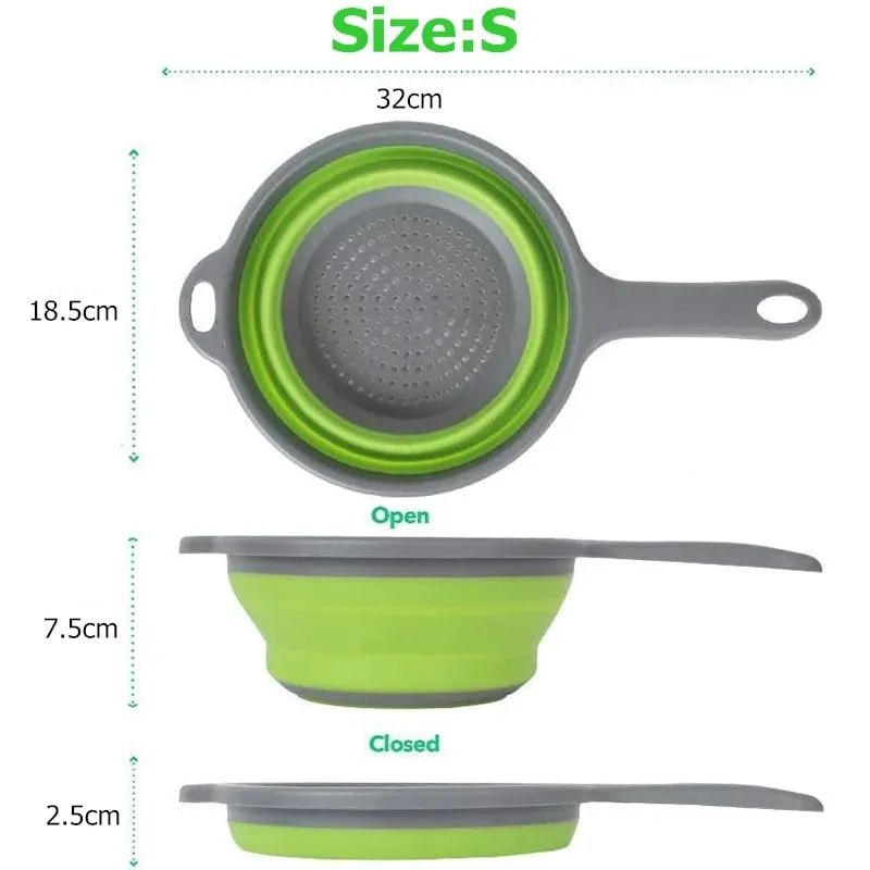 Silicone Collapsible Colander with Handle Kitchen Folding Strainer Colander for Draining Pasta Vegetable Fruit JT111