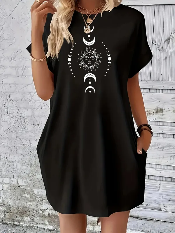 Ladies' summer loose sun moon planet pattern printed round neck short sleeved pocket comfortable casual plus size dress