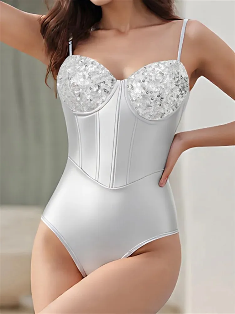 Women's Slim Sleeveless Bodysuit Sparkly Sequin Spaghetti Strap Triangle Romper Leotard Tops — image 5