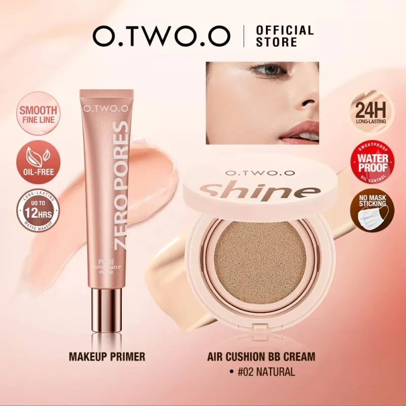 O.TWO.O 2pcs Face Makeup Set Primer Air Cushion BB Cream Invisible Oil-control Pore Soft Focus Long-lasting Brightskin Cosmetics