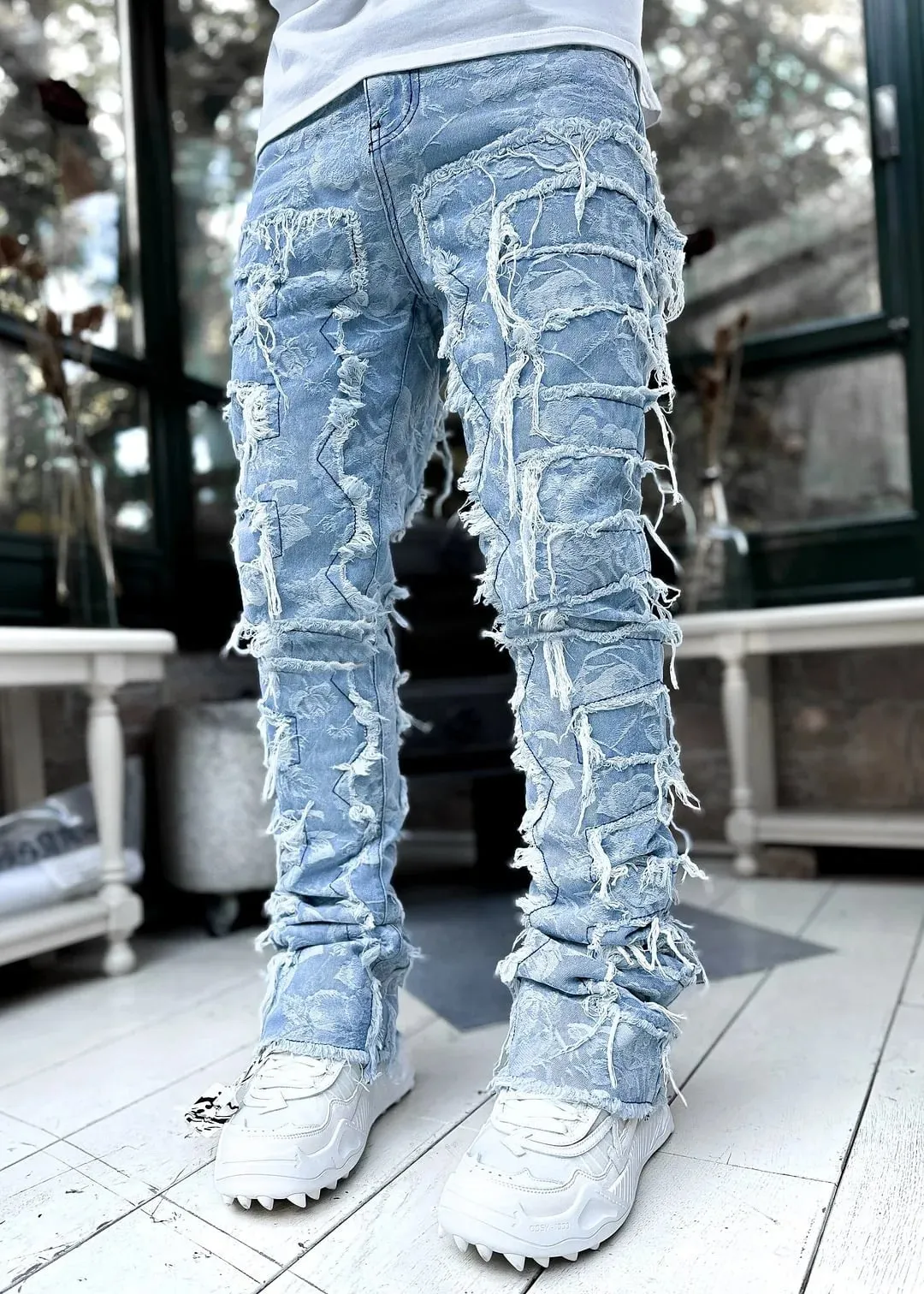 Men's Regular Fit Stacked Jeans Ripped Slim Fit Patch Distressed Destroyed Straight Denim Pants Hip Hop Streetwear Trouser Cloth — image 1