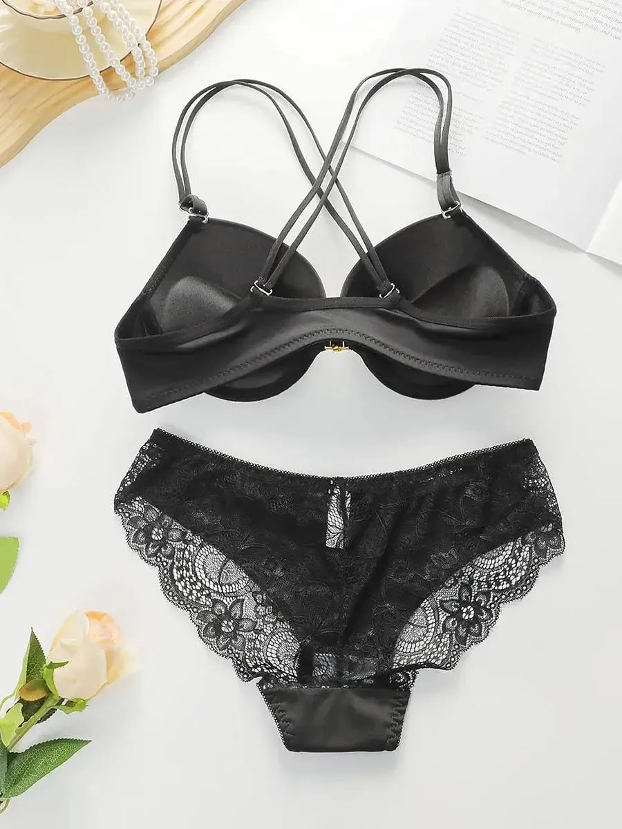 Women's Front Button Back Cross Strap Bra Set Gathering Push Ups Solid Color Lace Sexy Daily Comfort Casual Underwear Set A2159 — image 2