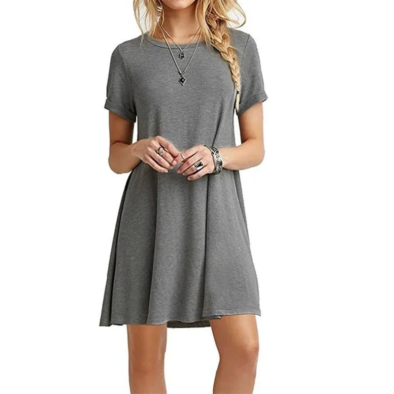 Women Mini Dress Summer Casual Boho Beach Dresses Solid Color O-Neck Short Sleeve Party A-Line Dress Vestidos QT033 — image 3