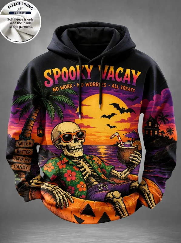 Men Fleece Lined Hoodie Halloween Skull Graveyard Pumpkin Print Pullover Hooded Sweatshirt Top