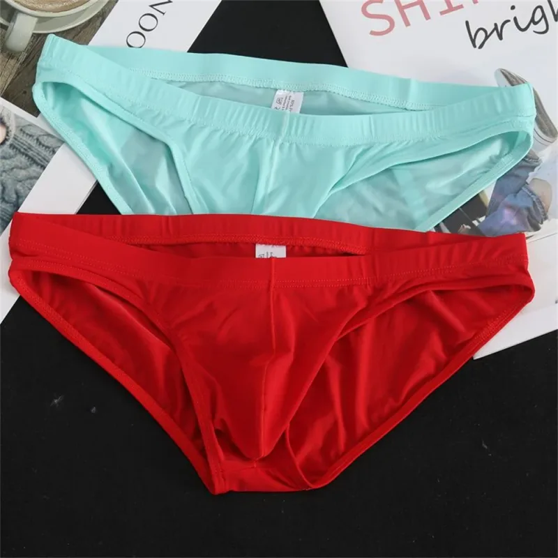 2Pcs Men's Ice Silk Briefs Panties Transparent Quick-dry Underwear Low Waist Solid Color Underpants Male Breathable Sport Shorts — image 3