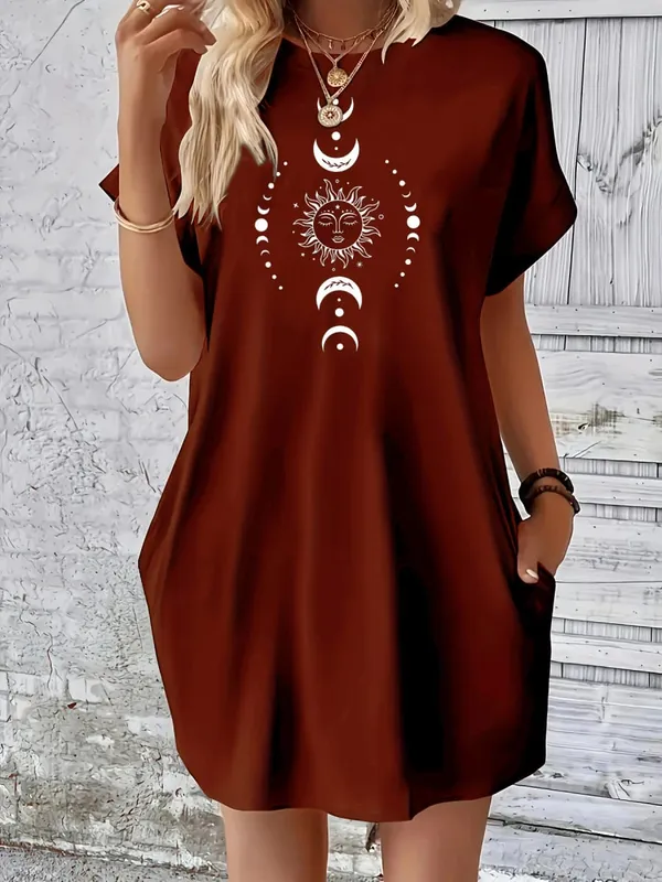 Ladies' summer loose sun moon planet pattern printed round neck short sleeved pocket comfortable casual plus size dress — image 8