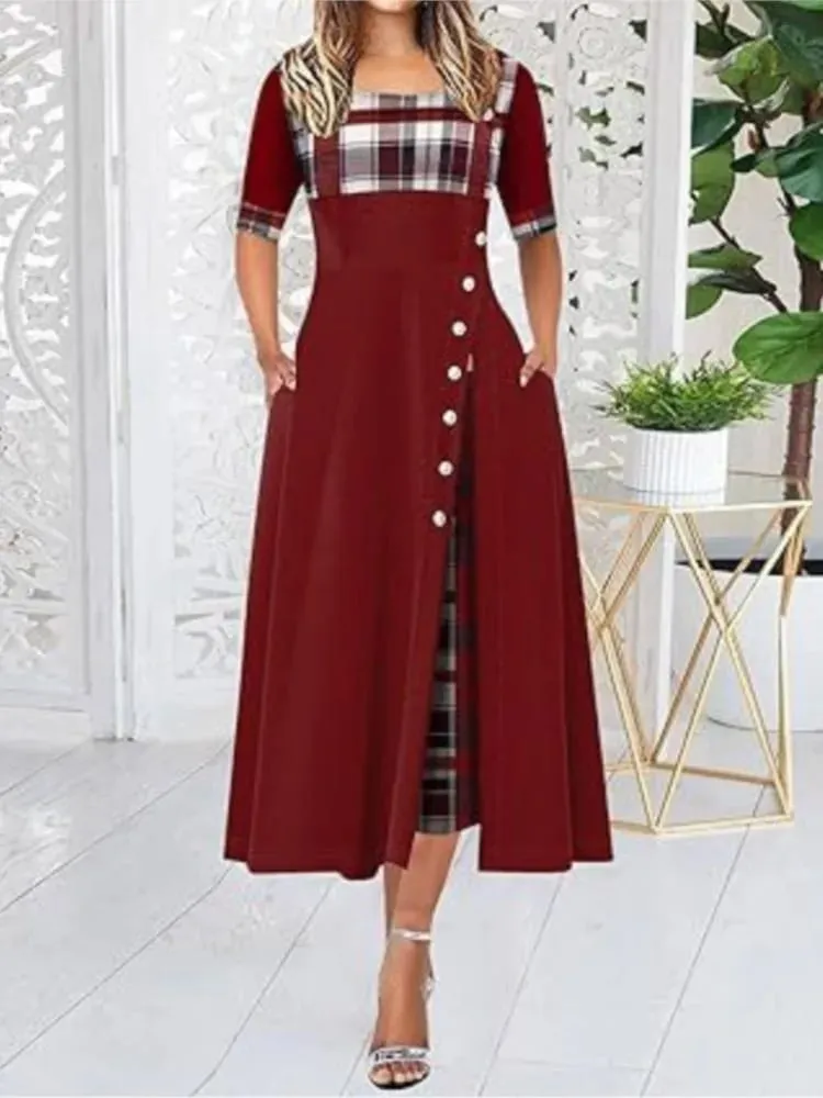 Women's Irregular Lattice Patchwork Long Dresses Vintage Buttons O Neck Half Sleeves Casual Lady Commuting Dress Fashion — image 5